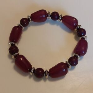 Plastic Purple Beads and Silver Tone Spacers Stretch Bracelet